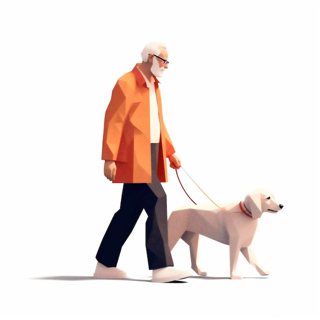 Cartoon 3D illustrazione stilizzata di un uomo anziano che cammina con il cane guida AI generato