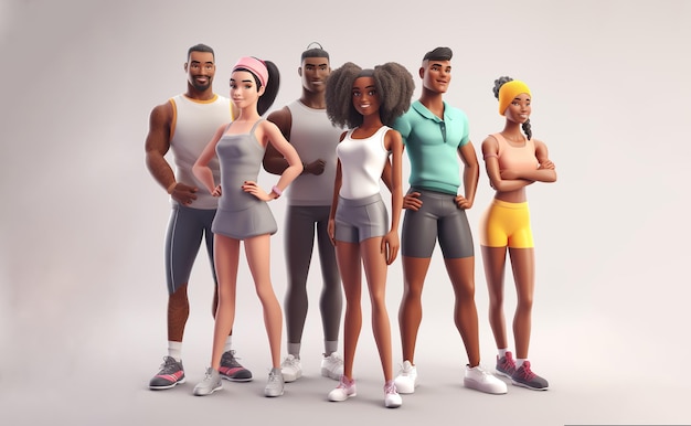 Cartoon 3D simpatici personaggi multietnici atleti Gruppo eterogeneo di persone in forma in abbigliamento sportivo
