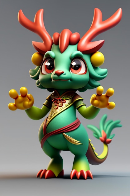 Cartoon Animation Chinese Dragon Baby Antropomorfo 3D Rendering Personaggio Modello Figura Prodotto