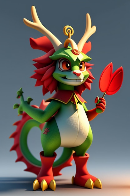 Cartoon Animation Chinese Dragon Baby Antropomorfo 3D Rendering Personaggio Modello Figura Prodotto