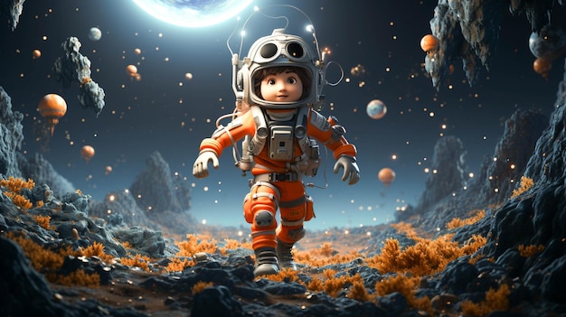 Cartoon Anime Astronauta in viaggio nello spazio che galleggia senza gravità