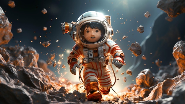 Cartoon Anime Astronauta in viaggio nello spazio che galleggia senza gravità