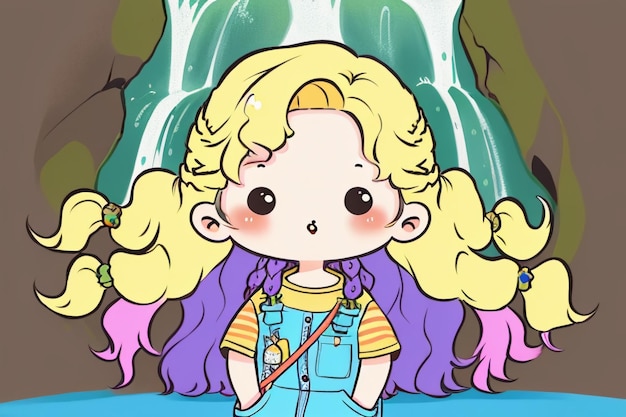 Cartoon anime capelli lunghi occhi grandi ragazza che indossa tuta semplice sfondo carta da parati illustrazione