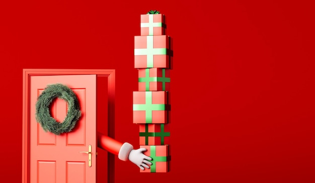 Cartoon Babbo Natale consegna a mano i regali attraverso un rendering 3D della porta anteriore rossa