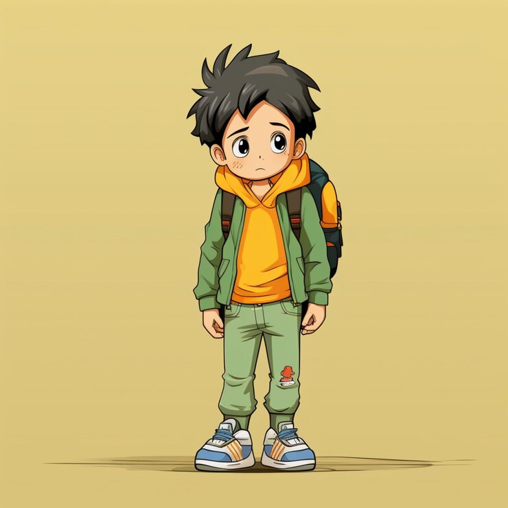 cartoon boy with backpack and sneakers standing in front of a yellow background generative ai