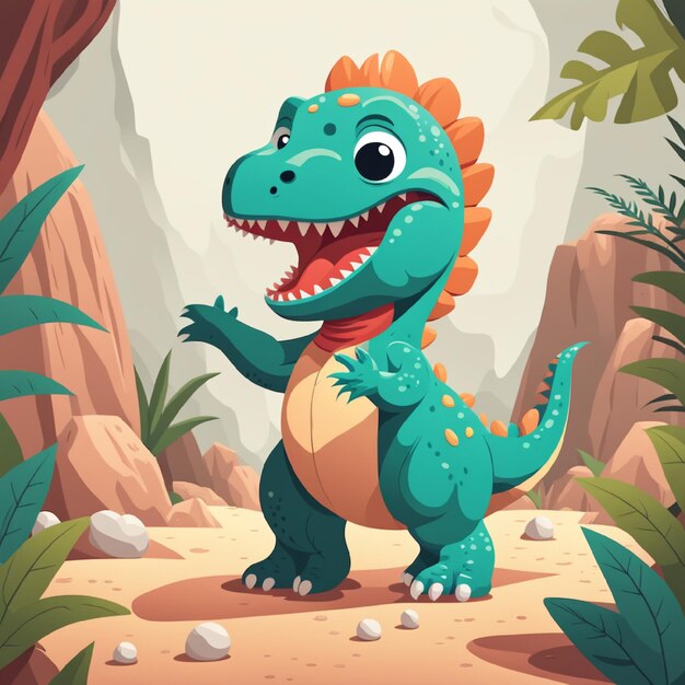 Cartoon carino felice che gioca a trex dinosauro per bambini stile illustrazione piatta