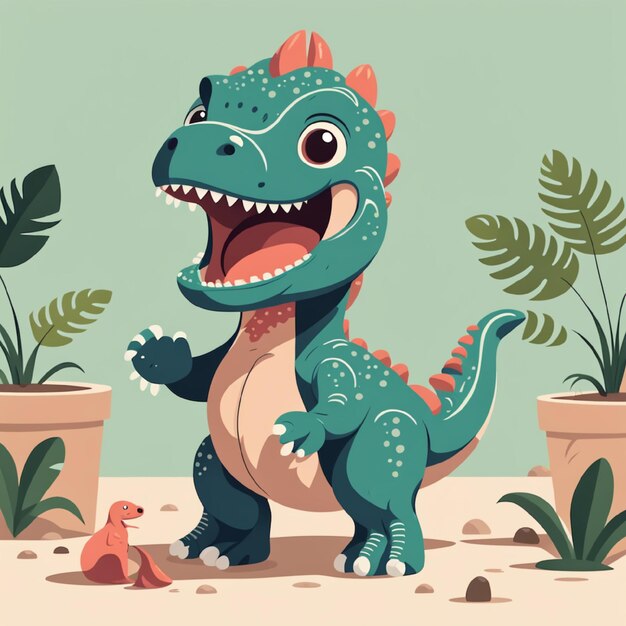 Cartoon carino felice che gioca a trex dinosauro per bambini stile illustrazione piatta