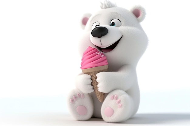 Cartoon carino piccolo orso polare con gelato su sfondo bianco con spazio di copia
