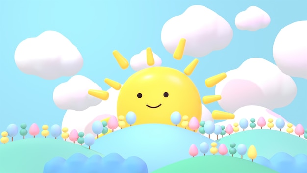 Cartoon carino sole sorridente e alberi colorati sulle colline 3d ha reso l'immagine