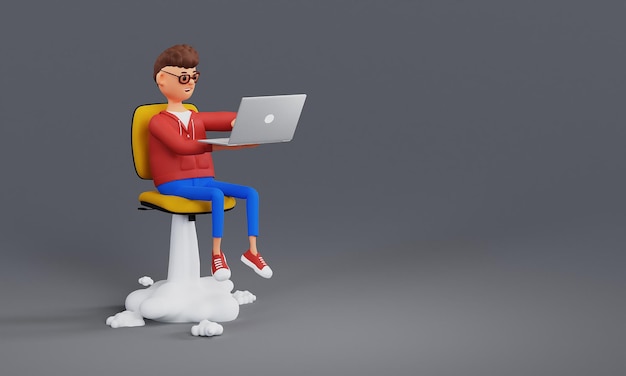 Cartoon character freelancer with a laptop in his hands flies on a chair like a rocket Innovation and Startup Concept 3d illustration