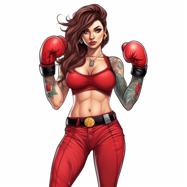 Cartoon colorato Pin Up Boxing Jessica con tatuaggi