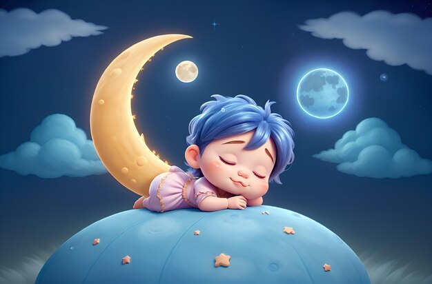 cartoon comico di ninna nanna adorabile che dorme sulla luna e sulle stelle galassia fantasia favola cielo di notte