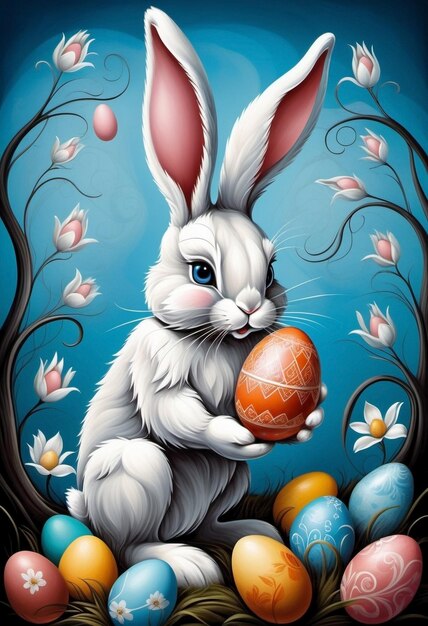 Cartoon coniglietto di Pasqua con uova illustrazione personaggio animato Felice poster di Pasqua