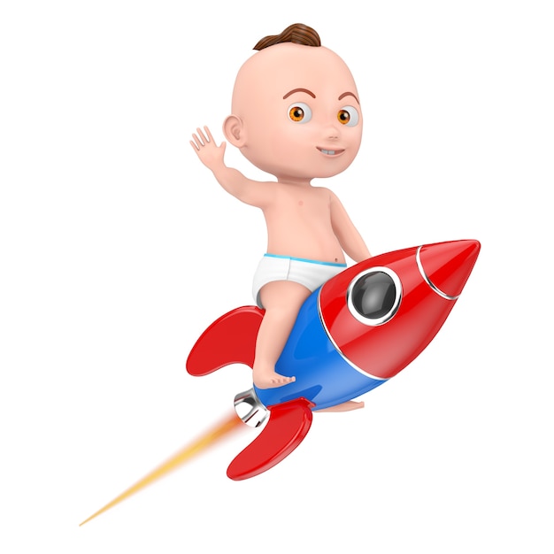 Cartoon Cute Baby Boy volare sul razzo giocattolo Childs su uno sfondo bianco. Rendering 3D