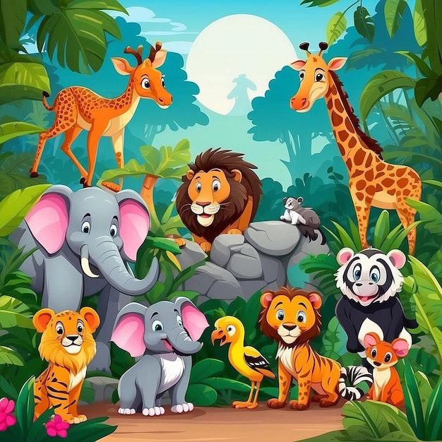 Cartoon di animali selvatici carinosi nella giungla
