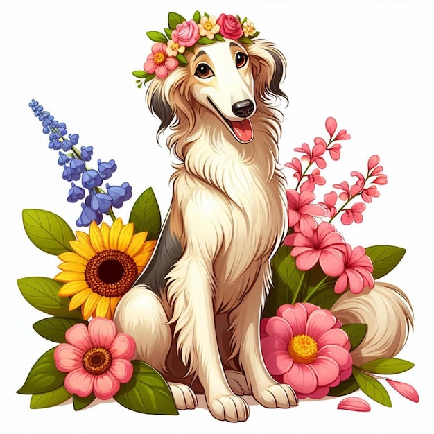 Cartoon di Cute Borzoi Dog Vector Style sullo sfondo bianco