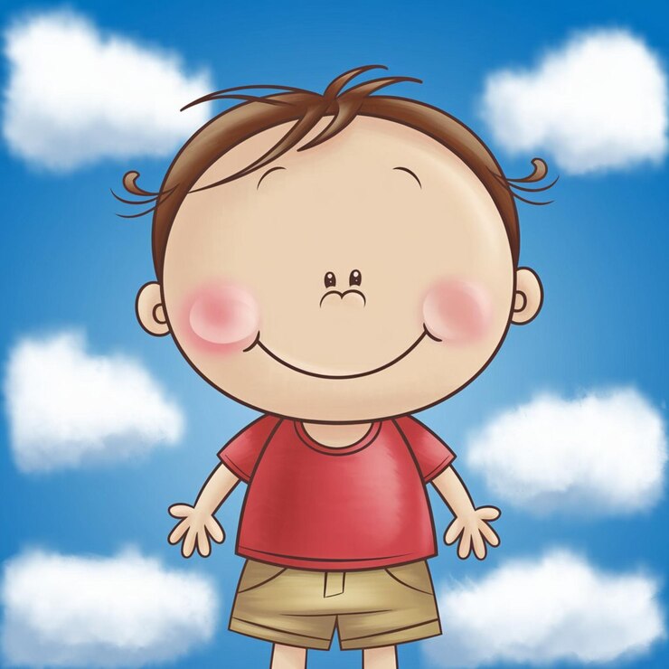 Foto cartoon di un bambino carino e felice con il corpo pieno di sorrisi