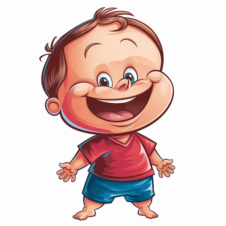 Foto cartoon di un bambino carino e felice con il corpo pieno di sorrisi