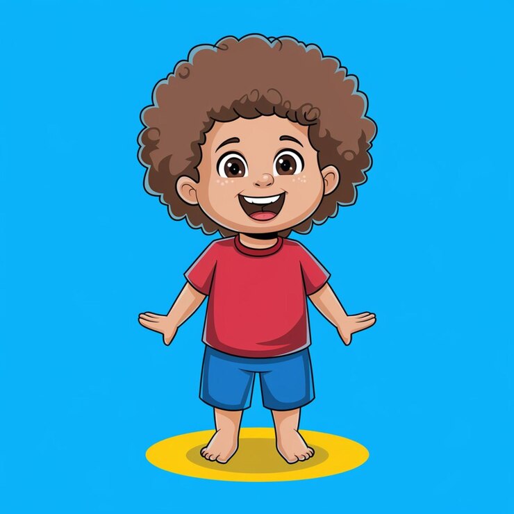 Foto cartoon di un bambino carino e felice con il corpo pieno di sorrisi