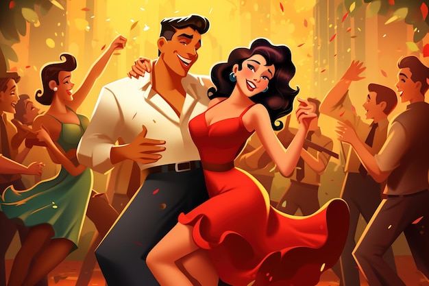 Cartoon donna felice e uomo ballerino godere di salsa bachata tango e rumba Generative Ai