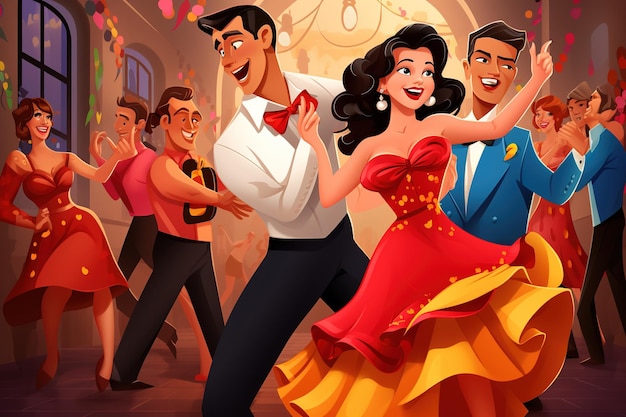 Cartoon donna felice e uomo ballerino godere di salsa bachata tango e rumba Generative Ai