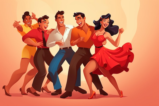 Cartoon donna felice e uomo ballerino godere di salsa bachata tango e rumba Generative Ai