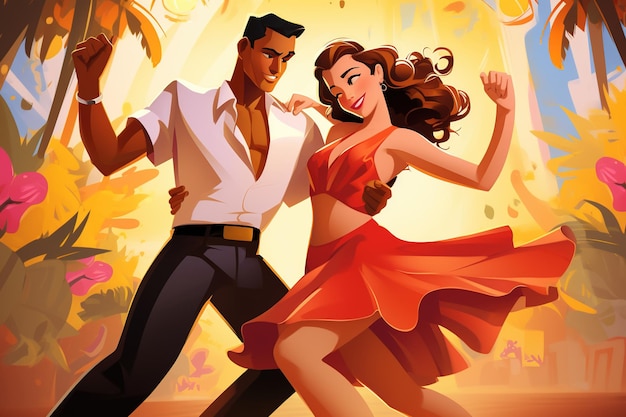 Cartoon donna felice e uomo ballerino godere di salsa bachata tango e rumba Generative Ai