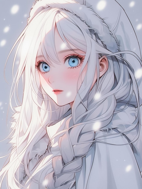 Cartoon e ragazza anime carina con capelli bianchi e illuminazione Fantasy Manga Theme Ai generato