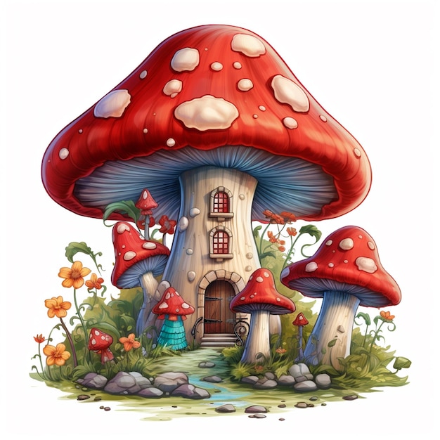 Cartoon Fairy Tale Cute Red Mushroom House su bianco