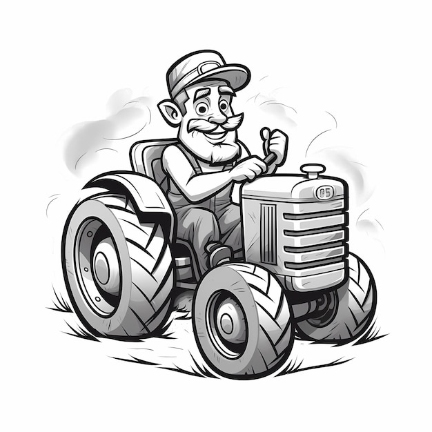 Cartoon Farm Divertente pagina da colorare in bianco e nero Friendly Farmer Tractor