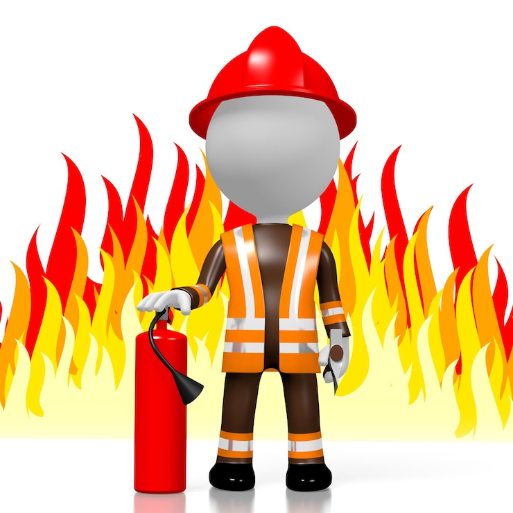 Photo cartoon fireman with extinguisher and flames in background