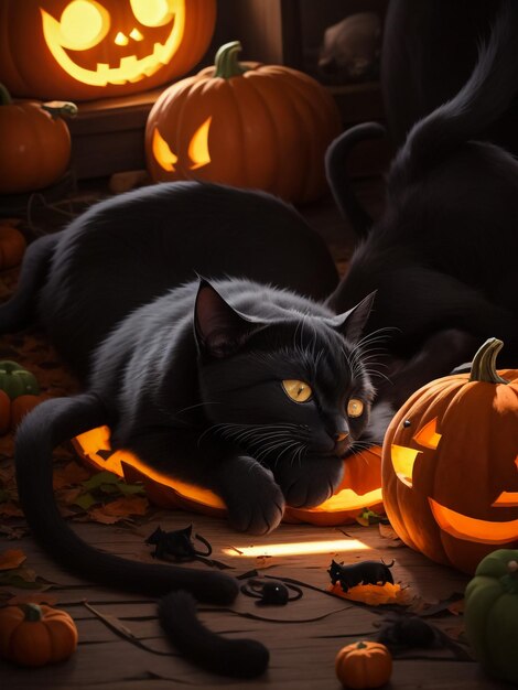 Cartoon gatto nero e zucca di Halloween Illustrazione vettoriale di Halloween Banner di Halloween festivo