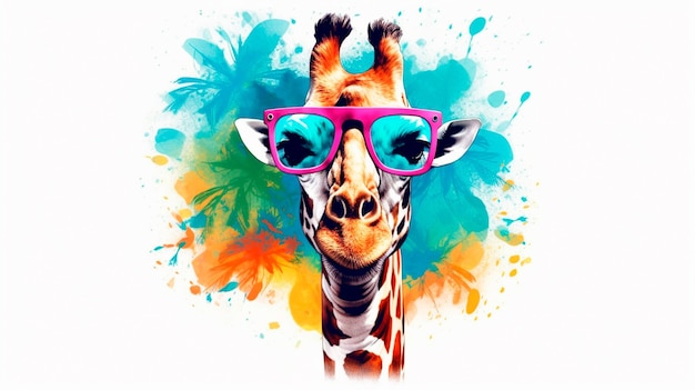 Cartoon giraffa colorata con occhiali da sole su sfondo bianco Illustratore AI generativo