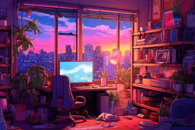 Cartoon Home Room Area di lavoro personale con tavolo e sedia per computer di notte primo piano estremo IA generativa