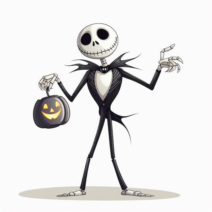 Photo cartoon illustration of a skeleton dressed in a tuxedo holding a jack skellings pumpkin generative ai