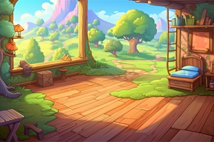 cartoon illustration of a wooden cabin with a view of a forest generative ai