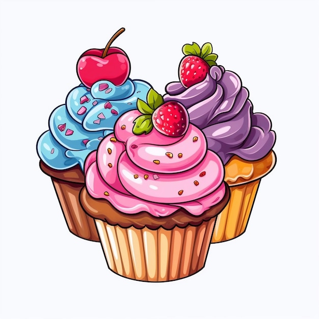 Cartoon illustrazione di cupcakes con sfondo trasparente adatto per adesivi e disegni TShirt AI generativa