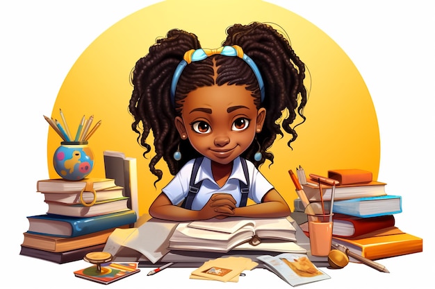 Cartoon illustrazione di una bambina africana in uniforme scolastica seduta su un tavolo scolastico