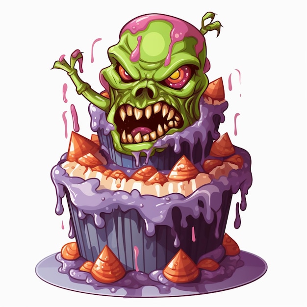 Cartoon illustrazione di uno zombie con una torta enorme con glassa ai generativa