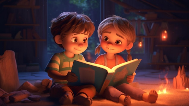 Cartoon illustrazione i due bambini condividono il libro IA generativa