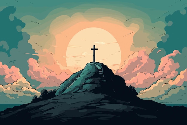 Cartoon illustrazione la luce celeste e le nuvole svelano la Santa Croce sulla collina del Golgota