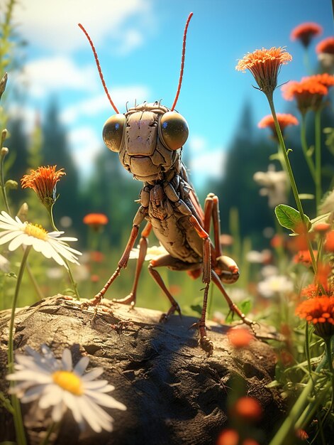 cartoon_insect_cricket_thinks_in_the_meadow