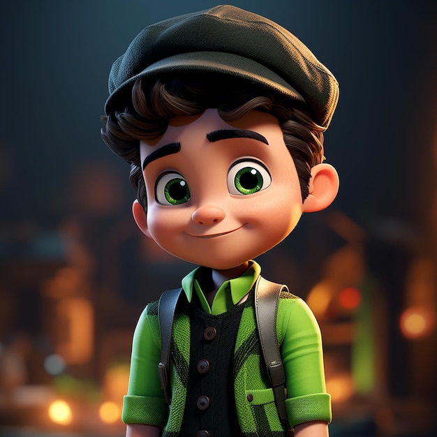 Cartoon Kid con cappello verde e gilet in scene urbane fotorealistiche