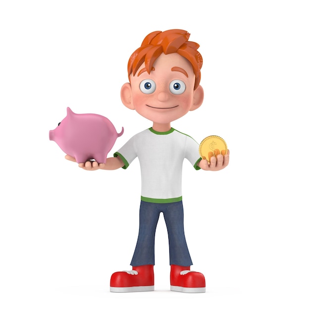 Cartoon Little Boy Teen Person Character Mascot con Piggy Bank e Golden Dollar Coin 3d Rendering