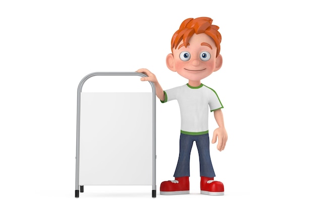 Cartoon Little Boy Teen Person Character Mascot con promozione pubblicitaria in bianco bianco Stand 3d Rendering