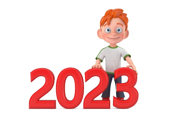 Cartoon Little Boy Teen Person Character Mascot con Red 2023 New Year Sign 3d Rendering