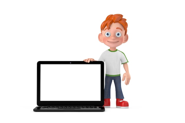 Cartoon Little Boy Teen Person Personaggio mascotte con computer portatile moderno Notebook e schermo vuoto per il tuo design Rendering 3d