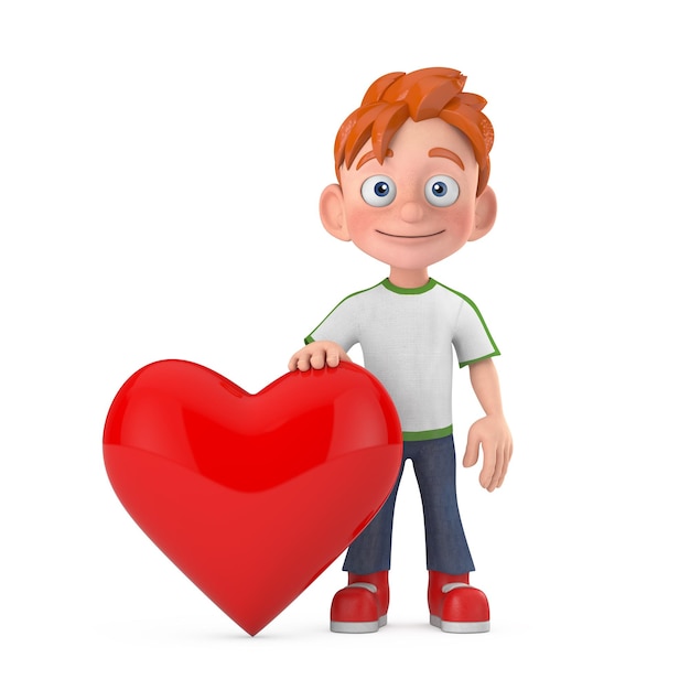 Cartoon Little Boy Teen Person Personaggio mascotte con cuore rosso 3d Rendering