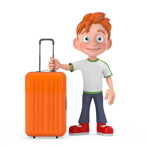 Cartoon Little Boy Teen Person Personaggio mascotte con valigia da viaggio arancione 3d Rendering