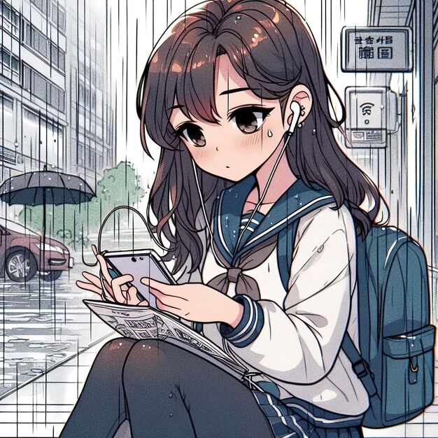 Cartoon lofi giovane ragazza in stile manga che studia mentre ascolta musica e piove in strada